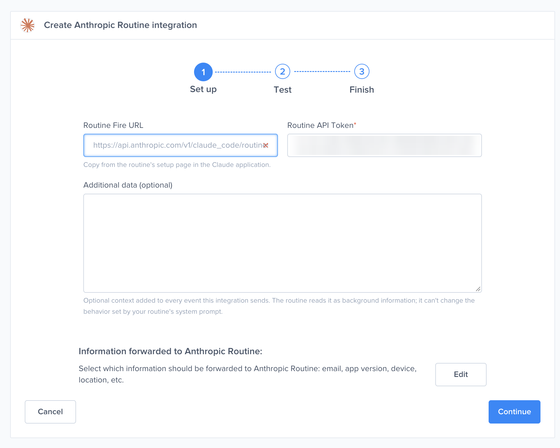 Create Anthropic Routine integration form in the Luciq dashboard, with the token blurred