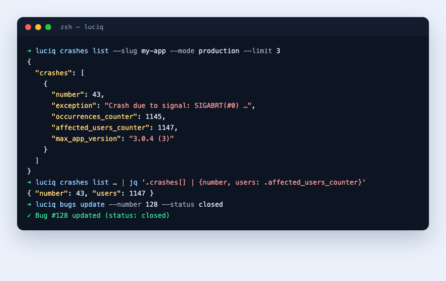 Querying crashes from the terminal with the Luciq CLI and piping the JSON through jq