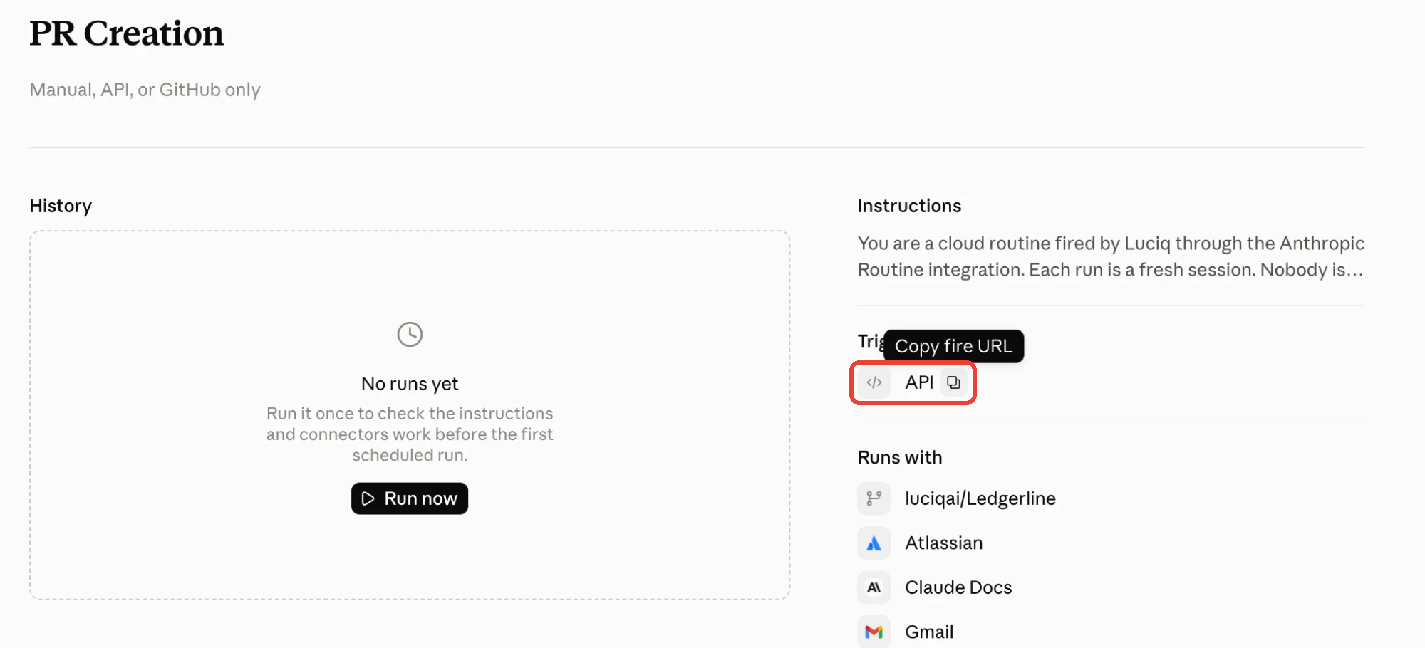 Copy fire URL button next to the API trigger on the routine page, highlighted