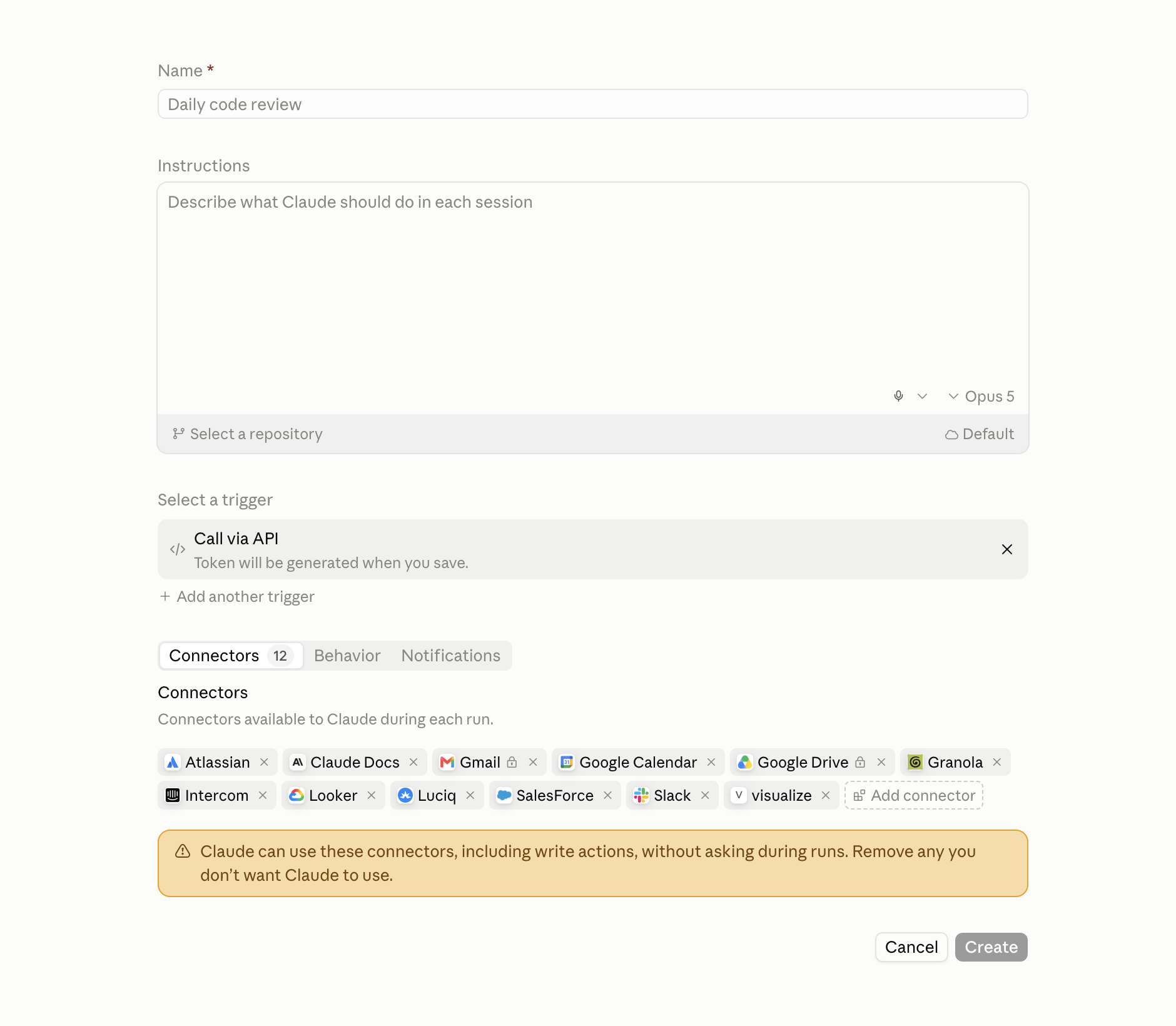 Call via API trigger and connectors on the new routine form