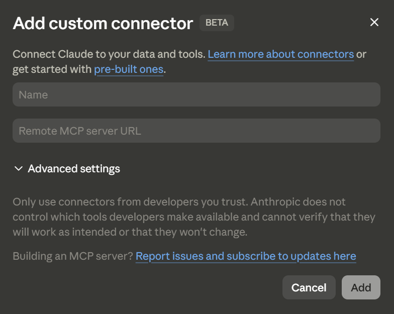 Claude's Add custom connector dialog, showing the Name and Remote MCP server URL fields