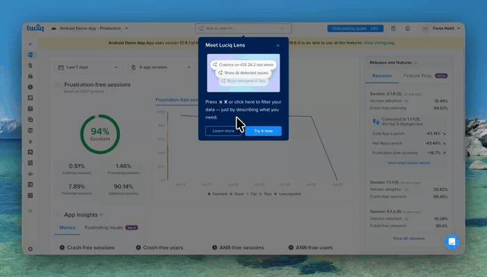 Luciq Lens turning a plain-English request into a filtered dashboard view